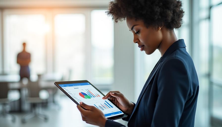 Manager che visualizza analytics in tempo reale su tablet in un ufficio moderno